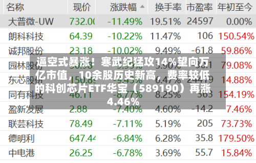 逼空式暴涨！寒武纪猛攻14%望向万亿市值，10余股历史新高，费率较低的科创芯片ETF华宝（589190）再涨4.46%