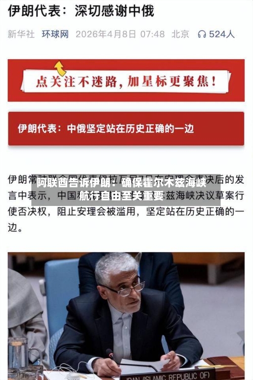 阿联酋告诉伊朗：确保霍尔木兹海峡航行自由至关重要