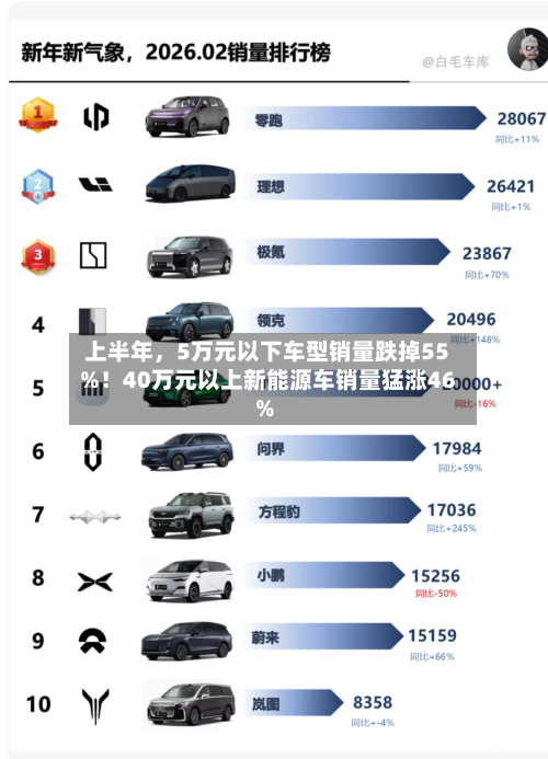 上半年	，5万元以下车型销量跌掉55%！40万元以上新能源车销量猛涨46%-第3张图片